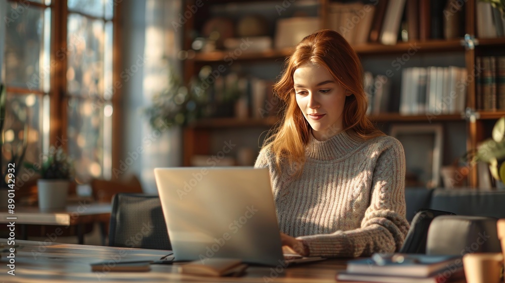 A woman working remotely on a laptop in a cozy home office, with natural light and a bookshelf in the background. A woman working remotely on a laptop in a cozy home office, with natural light and a bookshelf in the background.