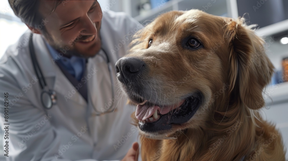 A veterinarian examining a dog in a clean clinical setting, showcasing compassion and expertise. The interaction highlights professional pet care. A veterinarian examining a dog in a clean clinical setting, showcasing compassion and expertise. The interaction highlights professional pet care.
