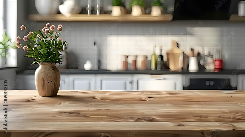 Abstract kitchen background with empty wooden tabletop for display or product montage Abstract kitchen background with empty wooden tabletop for display or product montage