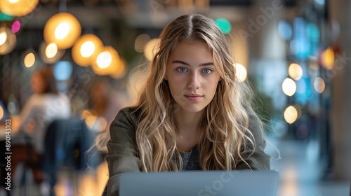 A young woman focused on her laptop in a modern office with natural light. The professional environment highlights her concentration and work ethic.