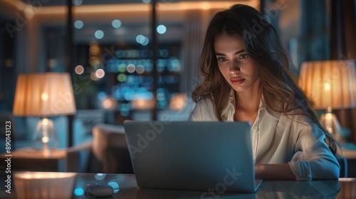 A woman working on a laptop in a modern office with a focused expression.