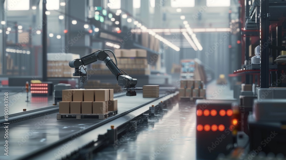 Obraz premium The logistics technology improves productivity and reduces injured workers. This close-up shows a warehouse robot stacking boxes on a pallet.