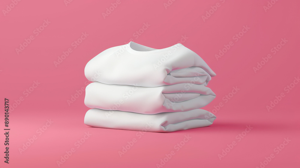 Fototapeta premium A neatly folded stack of white shirts is placed against a pink background, creating a clean and minimalistic aesthetic.