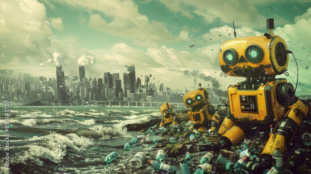 An orange robot with a blue face stands next to a heap of trash on a beach. Plastic bottles litter the beach. An orange robot with a blue face stands next to a heap of trash on a beach. Plastic bottles litter the beach.