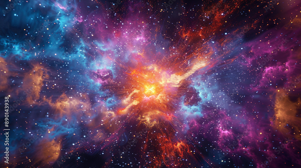 Naklejka premium Brilliant supernova with explosive colors and a cosmic backdrop, ideal for a universe-themed wallpaper.