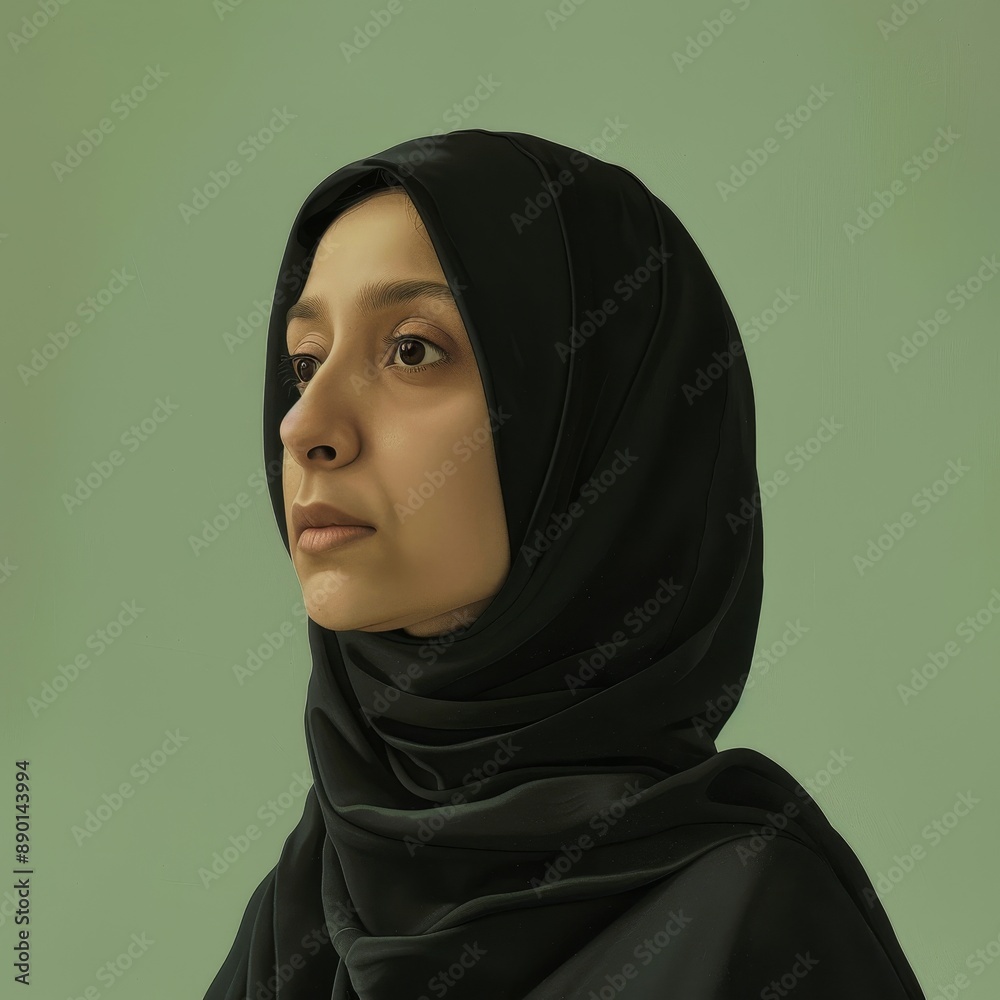 Portrait of a Woman Wearing a Black Hijab Against a Green Background Portrait of a Woman Wearing a Black Hijab Against a Green Background