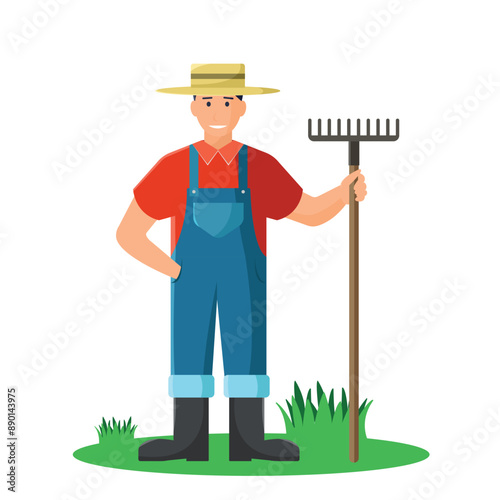 Farmer in hat and overalls. Farmer with rake in hand. Smiling. Flat vector illustration.