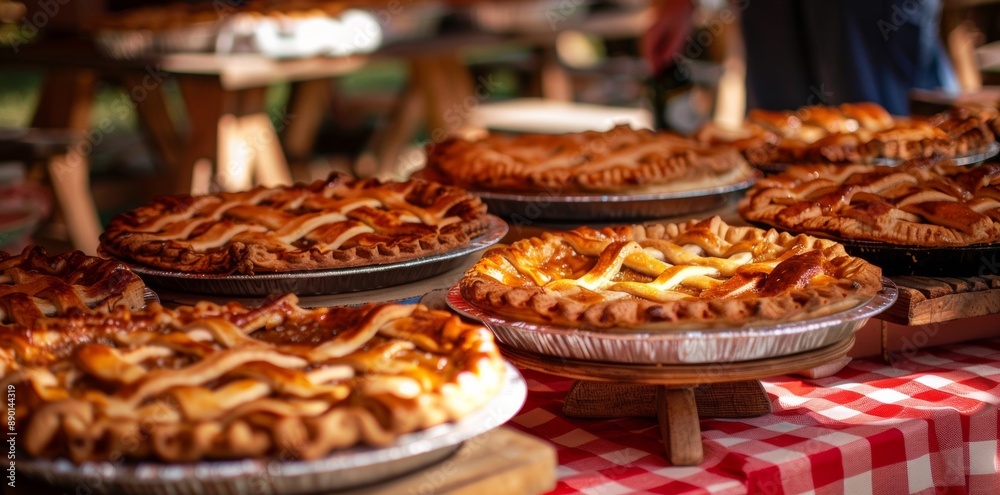 A table brimming with an array of pies, all meticulously prepared and ready for a competitive eating event, showcases a feast of flavors and textures. A table brimming with an array of pies, all meticulously prepared and ready for a competitive eating event, showcases a feast of flavors and textures.