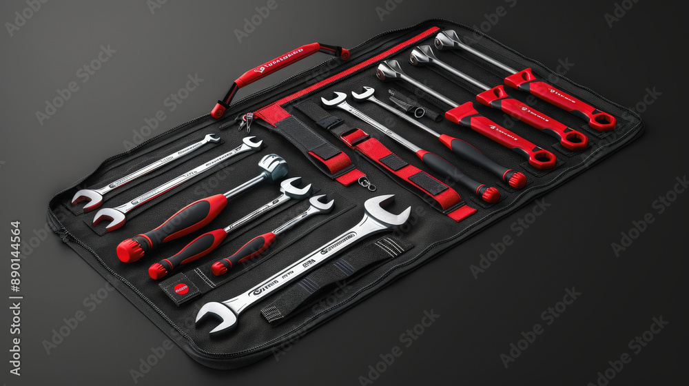 A neatly organized tool kit with various wrenches, screwdrivers, and sockets in a black and red carrying case, ideal for mechanical work and repairs. A neatly organized tool kit with various wrenches, screwdrivers, and sockets in a black and red carrying case, ideal for mechanical work and repairs.