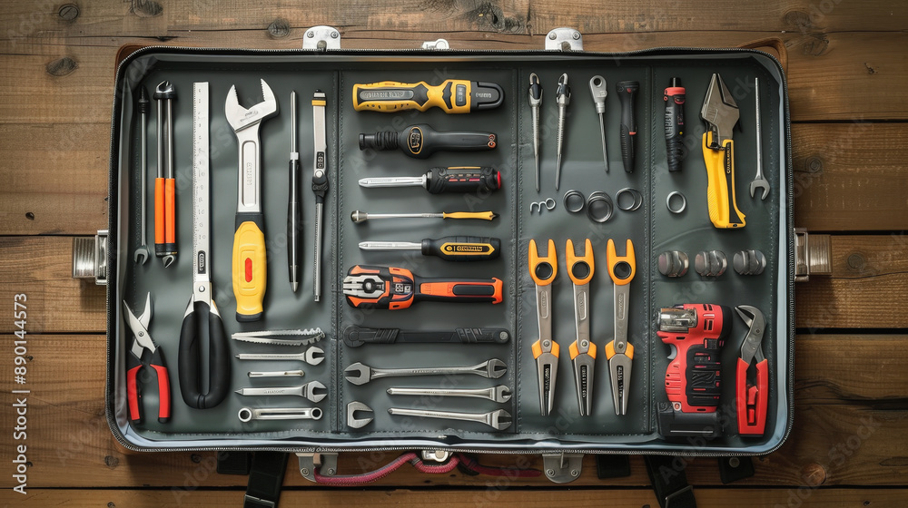An organized toolbox containing various hand tools, including wrenches, screwdrivers, pliers, and a power drill, neatly arranged on a wooden background. An organized toolbox containing various hand tools, including wrenches, screwdrivers, pliers, and a power drill, neatly arranged on a wooden background.
