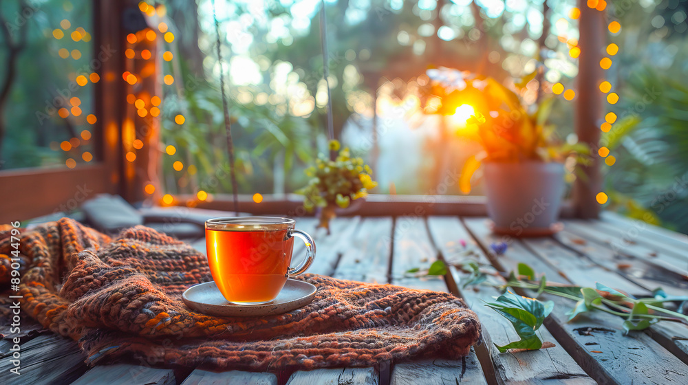Enjoying a cup of tea on a wooden terrace at sunset with warm knitwear Enjoying a cup of tea on a wooden terrace at sunset with warm knitwear