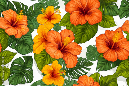 hibiscus flower illustration vector summer nature Hawaii tropical design exotic floral botanical palm isolated set