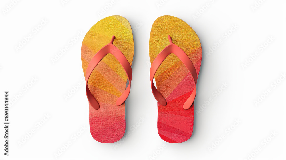 Colorful flip-flops with a gradient design ranging from yellow to red, perfect for a sunny day at the beach or poolside relaxation. Colorful flip-flops with a gradient design ranging from yellow to red, perfect for a sunny day at the beach or poolside relaxation.