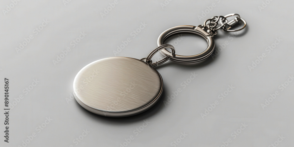 A sleek silver keychain with a round, blank medallion, designed for custom engraving, rests against a minimalist, light gray background. A sleek silver keychain with a round, blank medallion, designed for custom engraving, rests against a minimalist, light gray background.