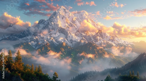A picturesque mountain landscape at sunrise, with misty valleys and snow-capped peaks