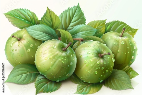 Wallpaper Mural Fresh Green Apples with Dew Drops and Leaves Torontodigital.ca