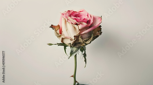 A solitary withered pink rose on white backdrop symbolizing loneliness and sorrow