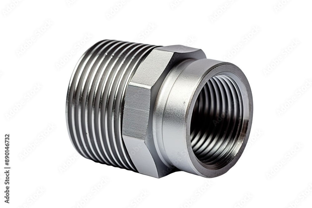 A Shiny Silver Threaded Connector for Industrial Use on a Clear PNG or White Background. A Shiny Silver Threaded Connector for Industrial Use on a Clear PNG or White Background.