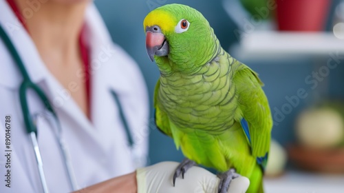 A green parrot is being held by a doctor. The bird is perched on the doctor's arm and he is healthy photo