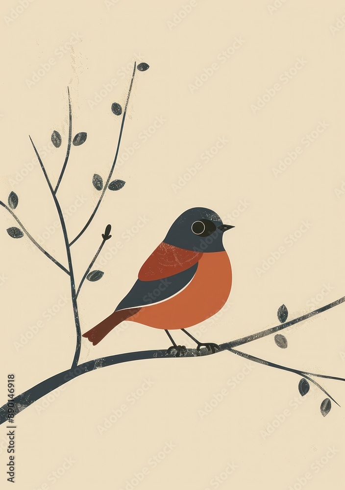 illustration of a bird perched on a branch with decorative foliage background - Generative ai illustration of a bird perched on a branch with decorative foliage background - Generative ai