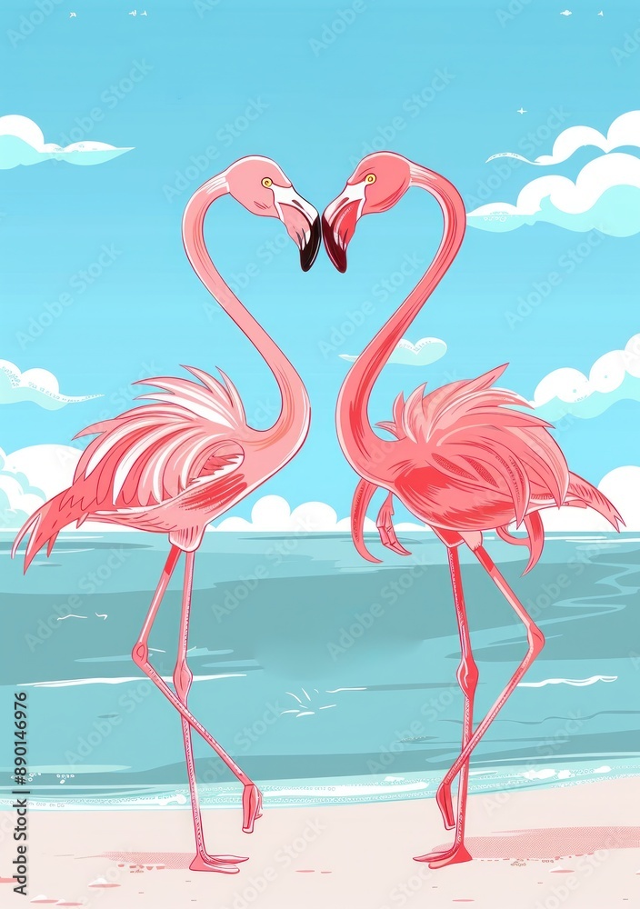 Obraz premium illustration of two pink flamingos forming a heart shape with their necks on the beach at sunset - Generative ai