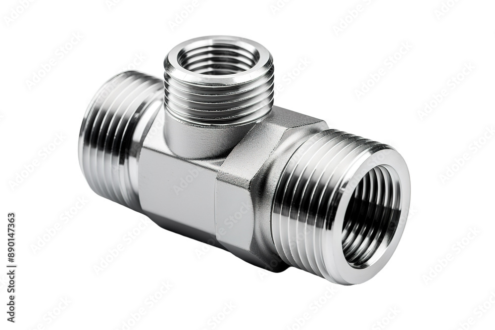 A Gleaming Metal Tee Fitting for Plumbing or Industrial Use on a Clear PNG or White Background. A Gleaming Metal Tee Fitting for Plumbing or Industrial Use on a Clear PNG or White Background.