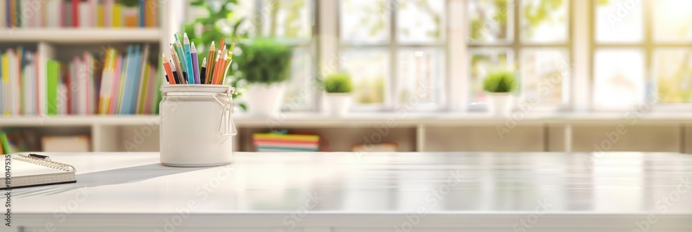Study Room. Blurred Background with White Table, Books, and Copy Space Study Room. Blurred Background with White Table, Books, and Copy Space