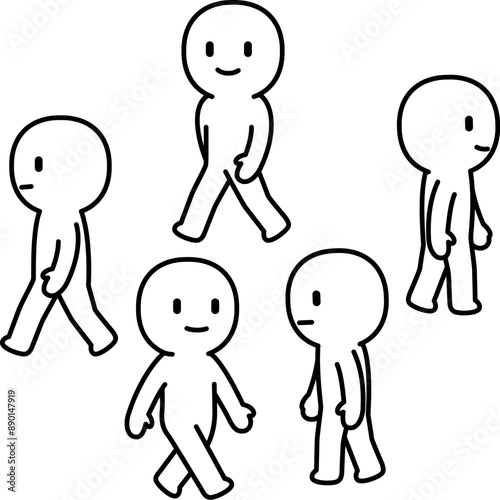 いろいろな方向へ歩く人物のデフォルメイラスト
