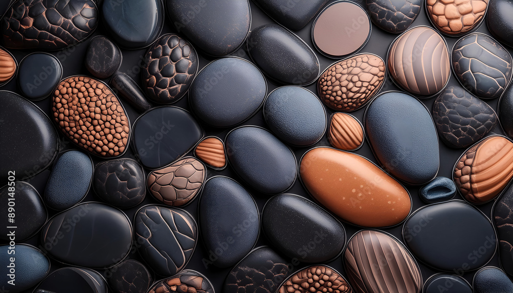 Close Up of Smooth Black and Orange Pebbles Arranged in a Pattern Close Up of Smooth Black and Orange Pebbles Arranged in a Pattern