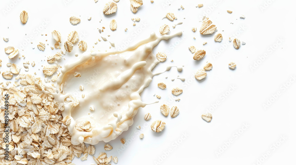 TOP VIEW. Oatmeal with a milk splash, isolated on a white background. TOP VIEW. Oatmeal with a milk splash, isolated on a white background.