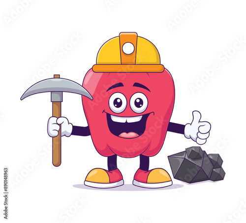 Miner red bell pepper cartoon mascot character