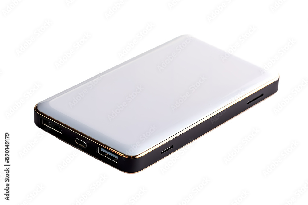 A Sleek White Power Bank With Gold Trim, Ready to Charge Your Devices on a Clear PNG or White Background. A Sleek White Power Bank With Gold Trim, Ready to Charge Your Devices on a Clear PNG or White Background.