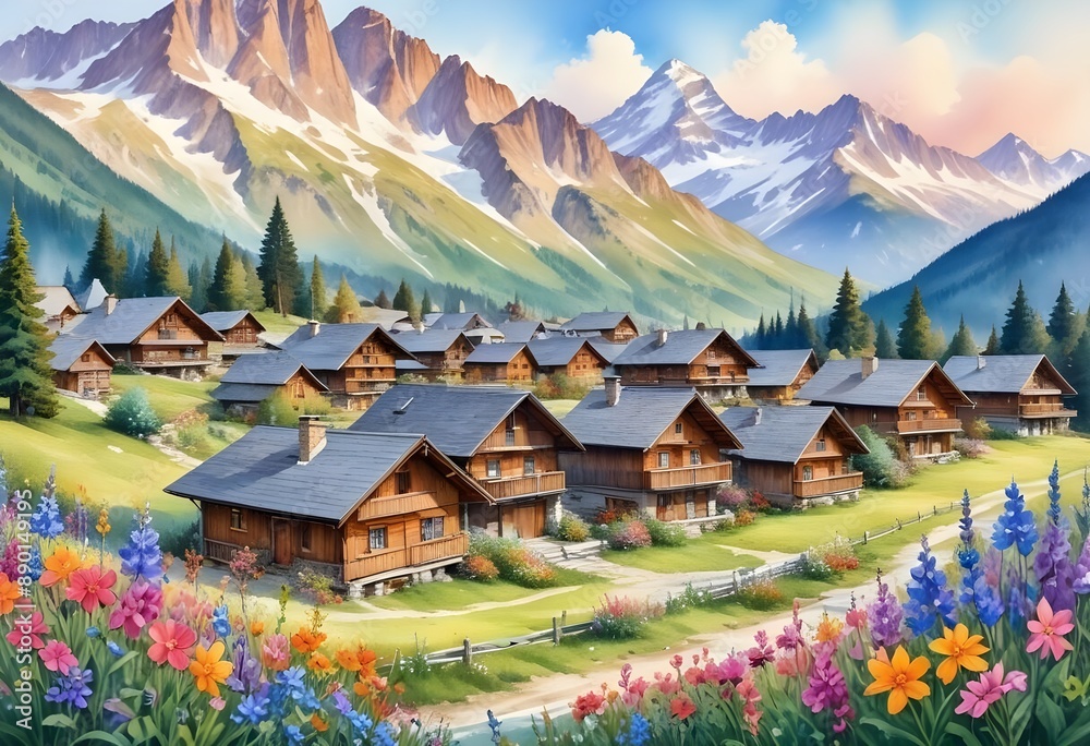 A picturesque wooden village at the foot of the mountains. Wooden houses surrounded by trees, mountains with snow-capped peaks visible in the background A picturesque wooden village at the foot of the mountains. Wooden houses surrounded by trees, mountains with snow-capped peaks visible in the background