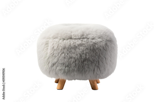 Fluffy Grey Ottoman With Wooden Legs on a Clear PNG or White Background.