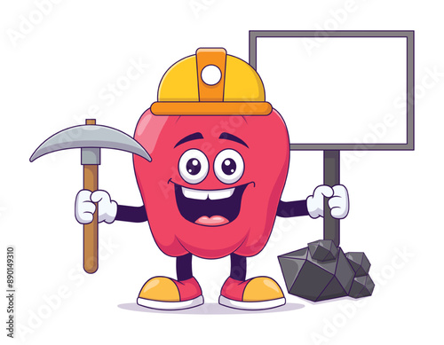 Miner red bell pepper cartoon mascot character