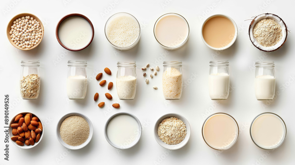 Collection of various vegan milks (almond, soy, rice, coconut, quinoa, brazil nut, cashew, oat) isolated on a white background, top view. Dairy-free, plant-based drinks. Collection of various vegan milks (almond, soy, rice, coconut, quinoa, brazil nut, cashew, oat) isolated on a white background, top view. Dairy-free, plant-based drinks.