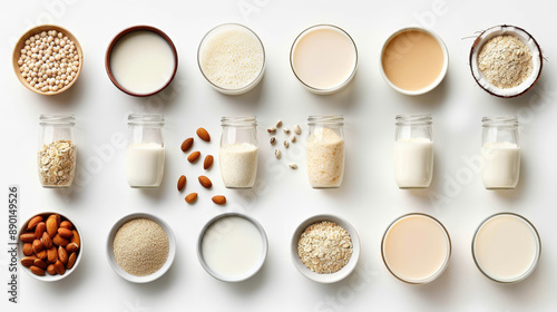 Collection of various vegan milks (almond, soy, rice, coconut, quinoa, brazil nut, cashew, oat) isolated on a white background, top view. Dairy-free, plant-based drinks.