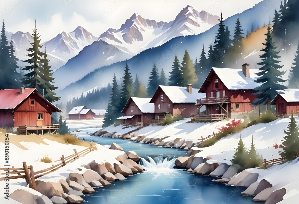 Fototapeta premium A watercolor painting of a wooden mountain village in winter