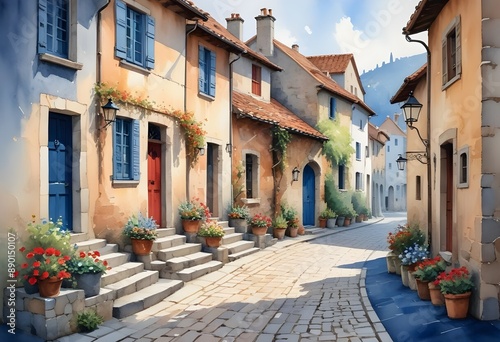 An idyllic medieval picturesque settlement with narrow streets and green plants in the windows