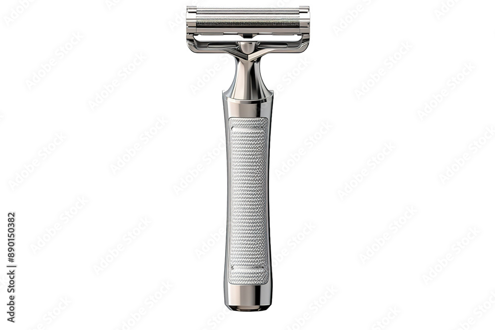 A Shiny Chrome Razor With a Textured Handle Awaits Its Next Shave on a Clear PNG or White Background. A Shiny Chrome Razor With a Textured Handle Awaits Its Next Shave on a Clear PNG or White Background.