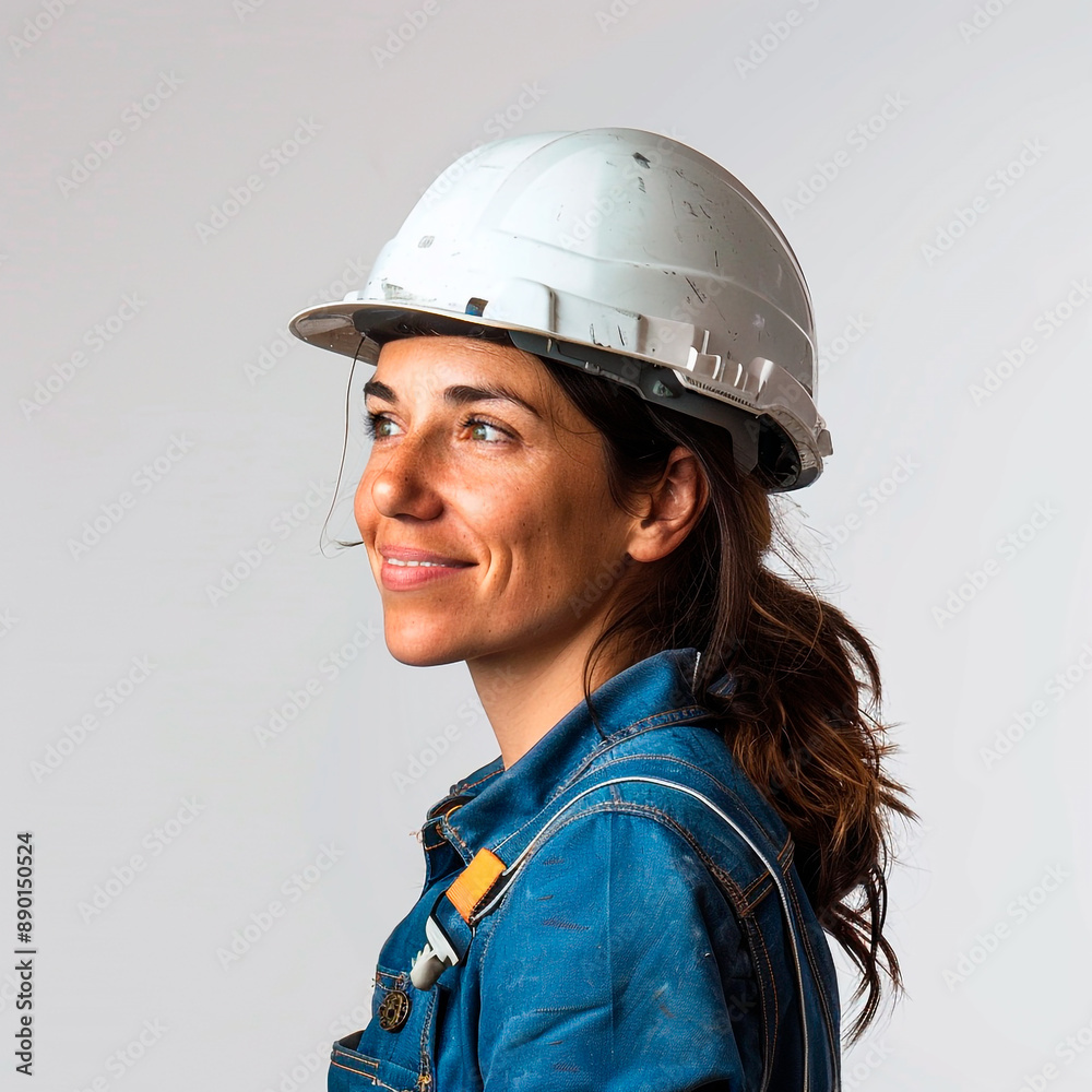 Portrait of a young woman construction worker with helmet on white background Portrait of a young woman construction worker with helmet on white background