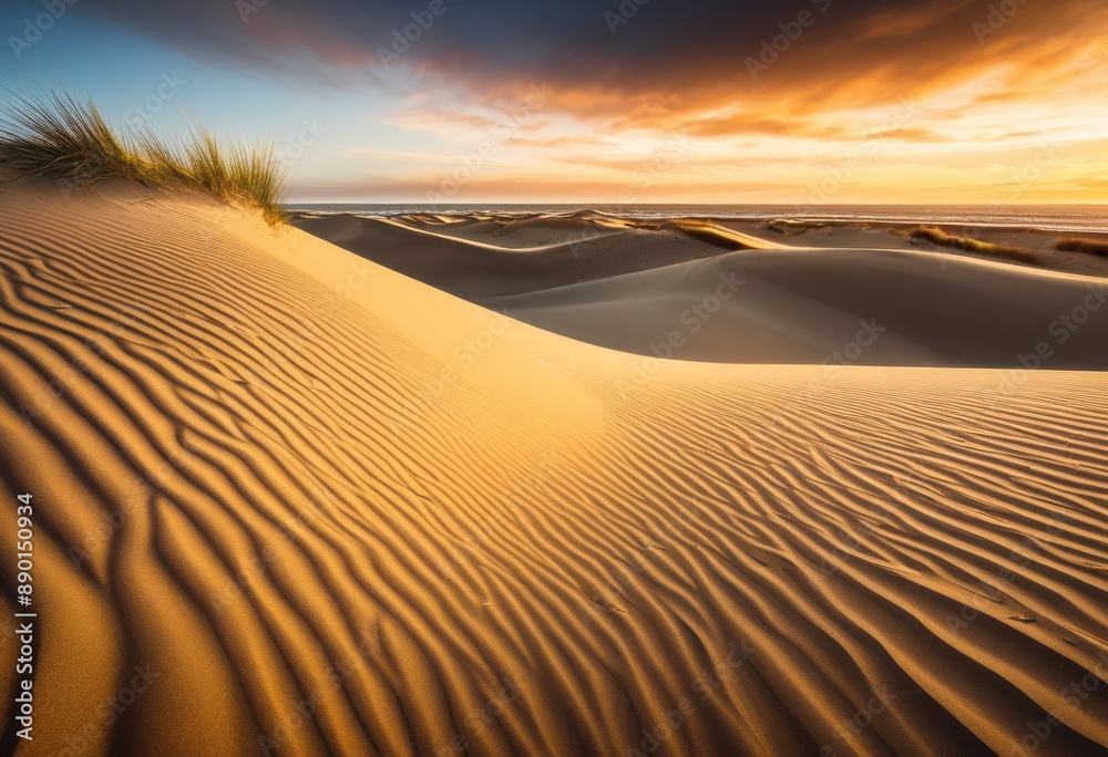 Naklejka premium ocean beach sand dunes under windy sky, waves, horizon, coastal, landscape, nature, environment, outdoor, seascape, coastline, shore, seas, scenery, vista