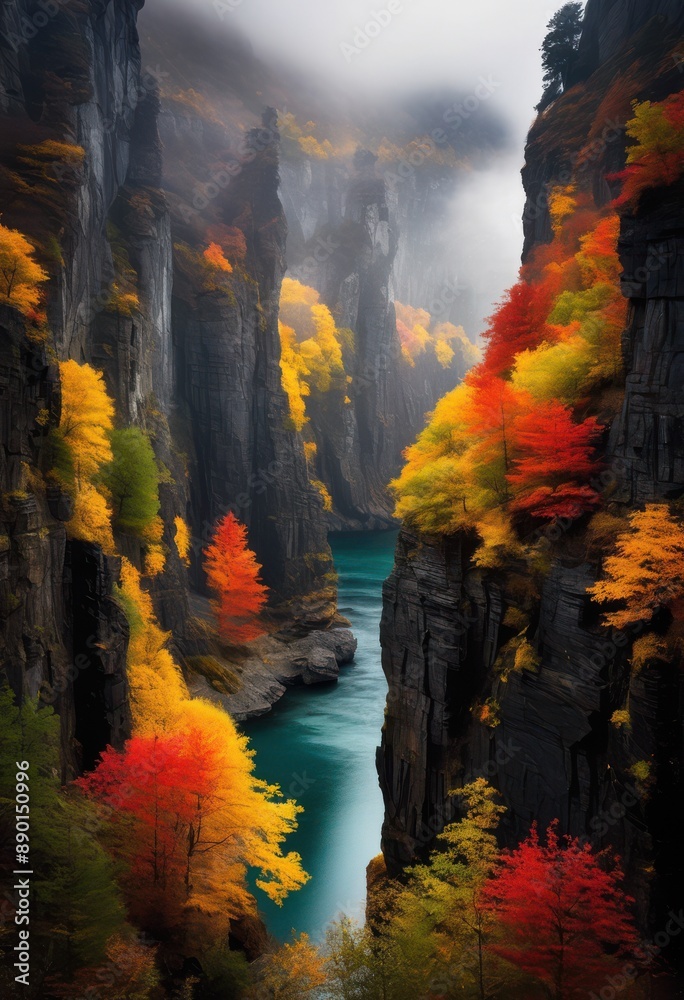 Fototapeta premium majestic cliffs veiled mist, dramatic, fog, nature, landscape, rock, steep, high, breathtaking, scenery, overlook, scenic, foggy, atmospheric, ethereal