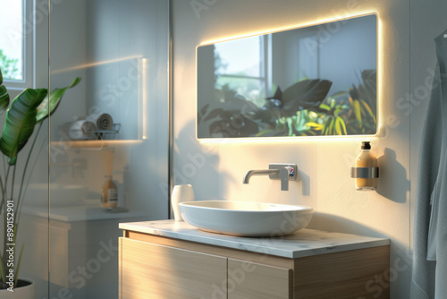 Modern bathroom featuring smart mirror displaying weather and news