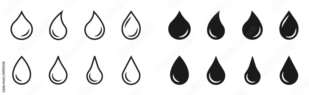 Water drop shape icon set. Blood icon symbol silhouette. Various shapes of water drops, water and rain simple icon. Plumbing logo. Blood or oil drop. Vector illustration Water drop shape icon set. Blood icon symbol silhouette. Various shapes of water drops, water and rain simple icon. Plumbing logo. Blood or oil drop. Vector illustration