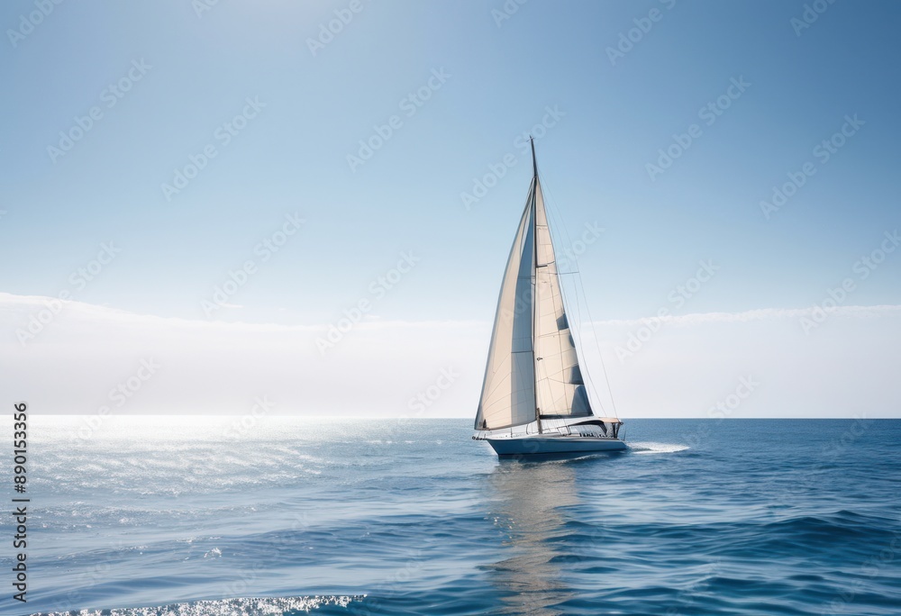 Fototapeta premium tranquil scene single sailboat sailing peaceful ocean waters under clear sky, sea, vessel, horizon, blue, waves, reflection, nature, scenic, beauty, idyllic,