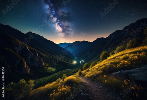 majestic stars illuminating secluded valley night sparkling sky, illuminated, landscape, serene, peaceful, breathtaking, dark, magical, astronomy, celestial,