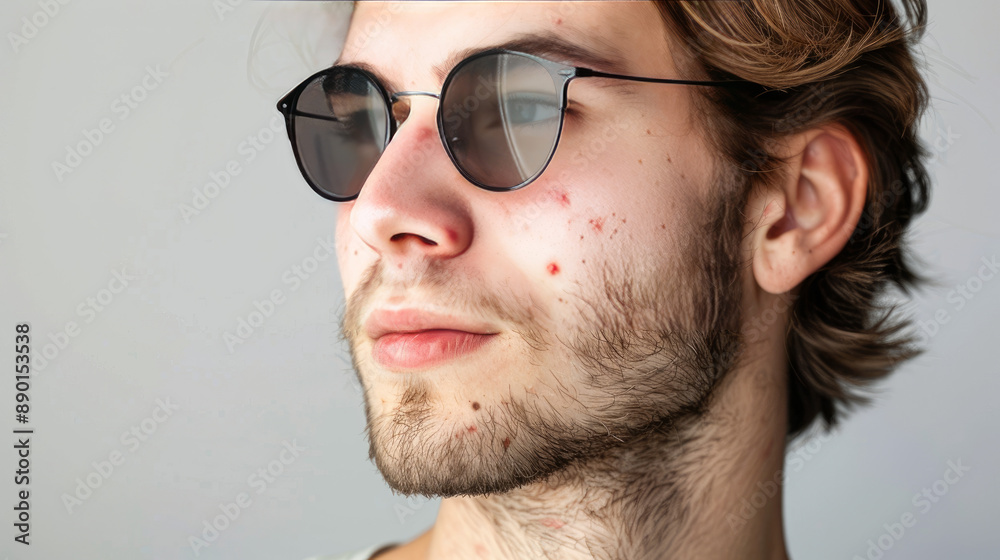 Acne treatment: Before and After. Man's face with acne, redness, scars and blackheads. Skin issues. Skincare and health. Beauty. Rosacea. Young man with sunglasses Acne treatment: Before and After. Man's face with acne, redness, scars and blackheads. Skin issues. Skincare and health. Beauty. Rosacea. Young man with sunglasses