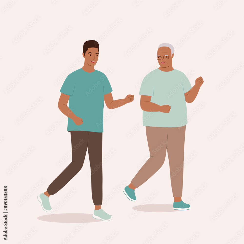 Smiling Black Older Father And Adult Son Running Together. Smiling Black Older Father And Adult Son Running Together.