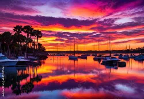 vibrant sunset painting overlooking coastal inlet calm waters silhouetted trees, colorful, reflection, sky, clouds, horizon, ocean, peaceful, scenic, nature, beauty